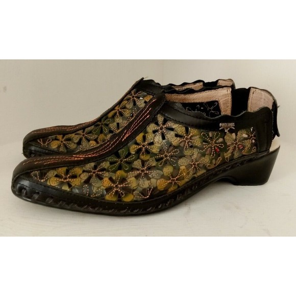Pikolinos Romano Black Green Floral Cutout Slip-On Shoes Size EU 36 US 5.5 6 - Picture 3 of 9